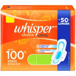 Whisper Choice Ultra upto 100% Stain Protection Sanitary Pads-280mm/XL/40 Pads